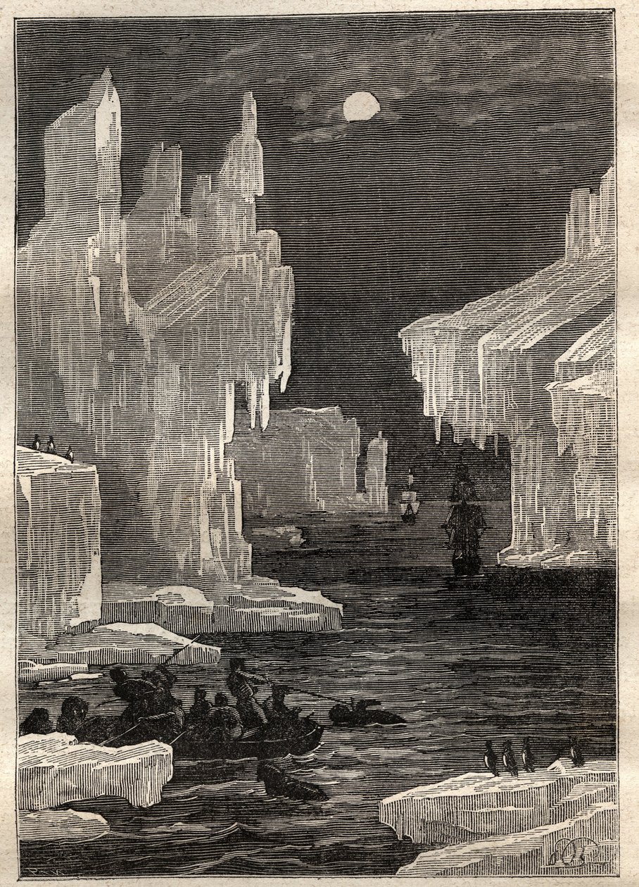 Segundo viaje (1772-1775) del Capitán James Cook (1728-1779): las islas de hielo (iceberg), cruces en el camino del cabo de la circuncisión (Isla Bouvet, Antártida) - ilustración tomada de “Los Grandes Marineros del siglo XVIII” de Unknown artist