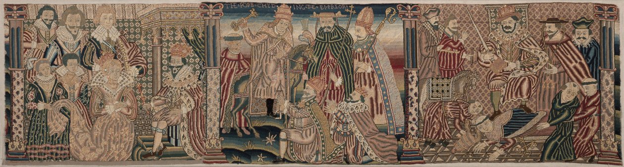 Sección de un friso bordado: Asuero y Ester, El Papa reprendiendo al Emperador, Enrique VIII pisoteando el cuello del Papa de Unknown artist