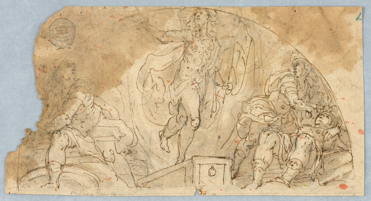 Escena figurativa semicircular con figura central posiblemente ascendiendo de Unknown artist