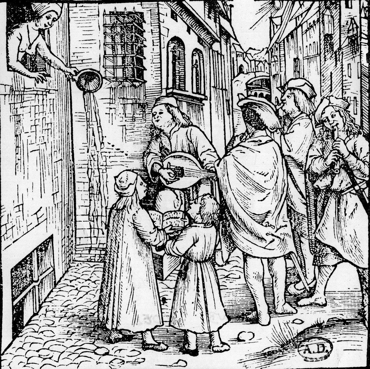 Serenata estudiantil (músicos), Basilea, circa 1500 - grabado, Bibl. de Unknown artist