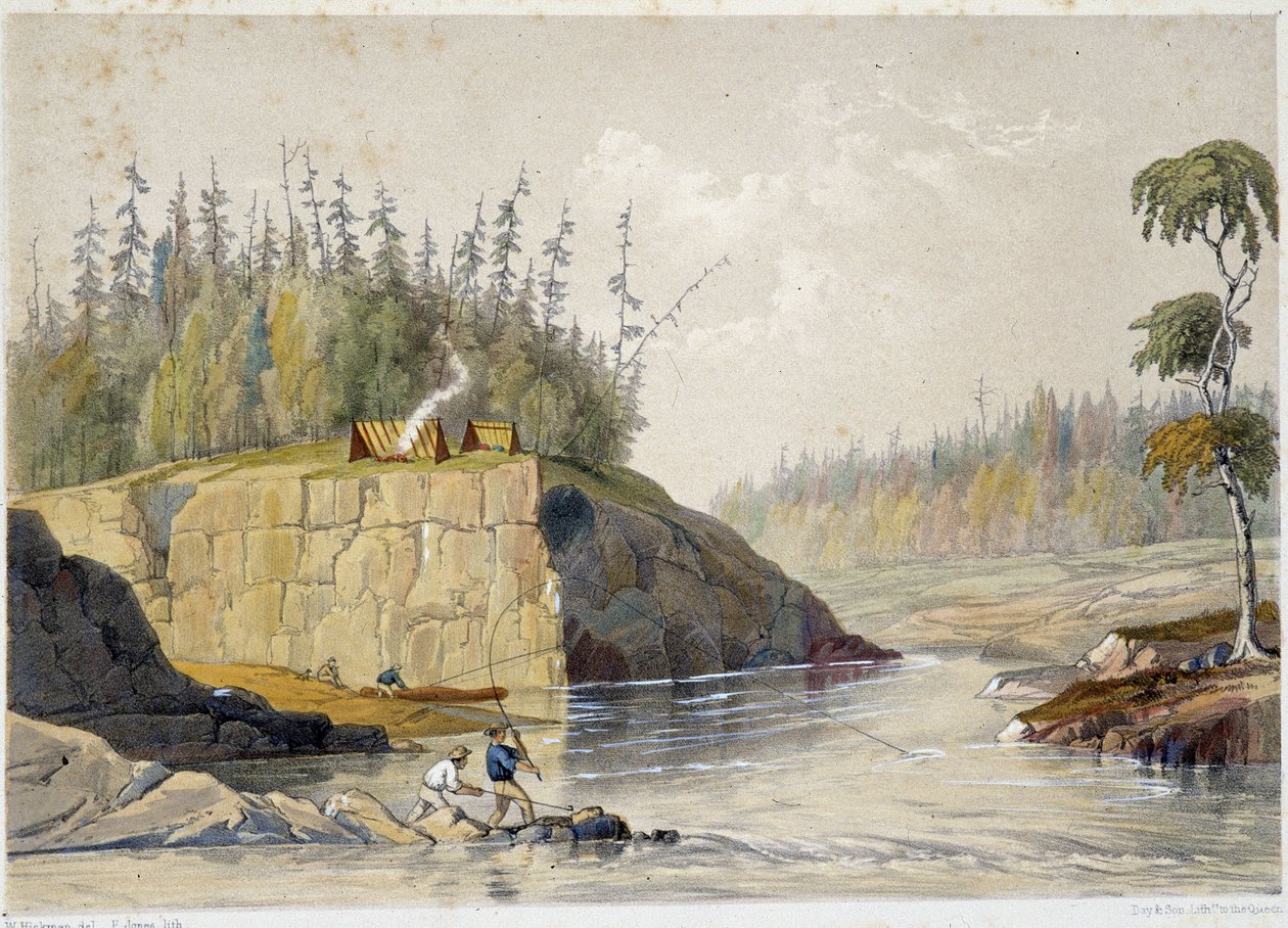 Colonos en Canadá pescando en un río - en "Sketches on the Nipisaguit a River of New Brunswick in America" de William Hickman, ed. Halifax de Unknown artist