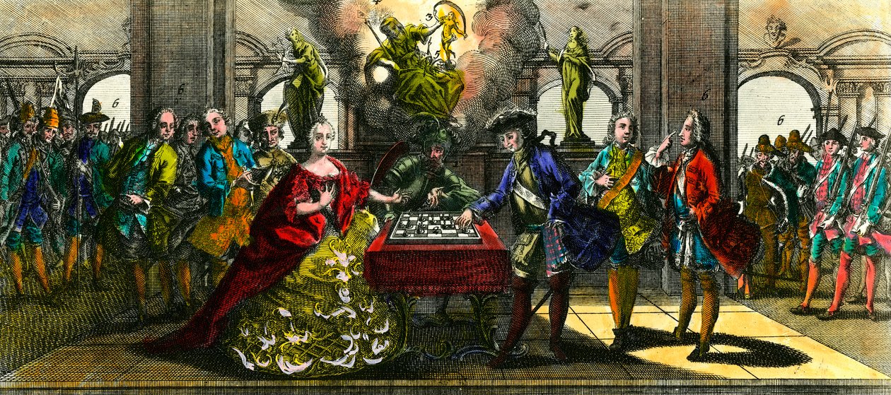 Guerra de los Siete Años: alegoría que representa a María Teresa de Austria (1717-1780) y Federico de Prusia (1712-1786) jugando al ajedrez. Grabado del siglo XVIII Colección Privada de Unknown artist