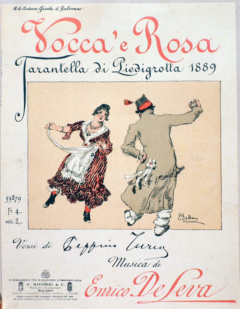 Portada de la partitura de la tarantela Vocca e Rosa de Enrico de Leva de Unknown artist