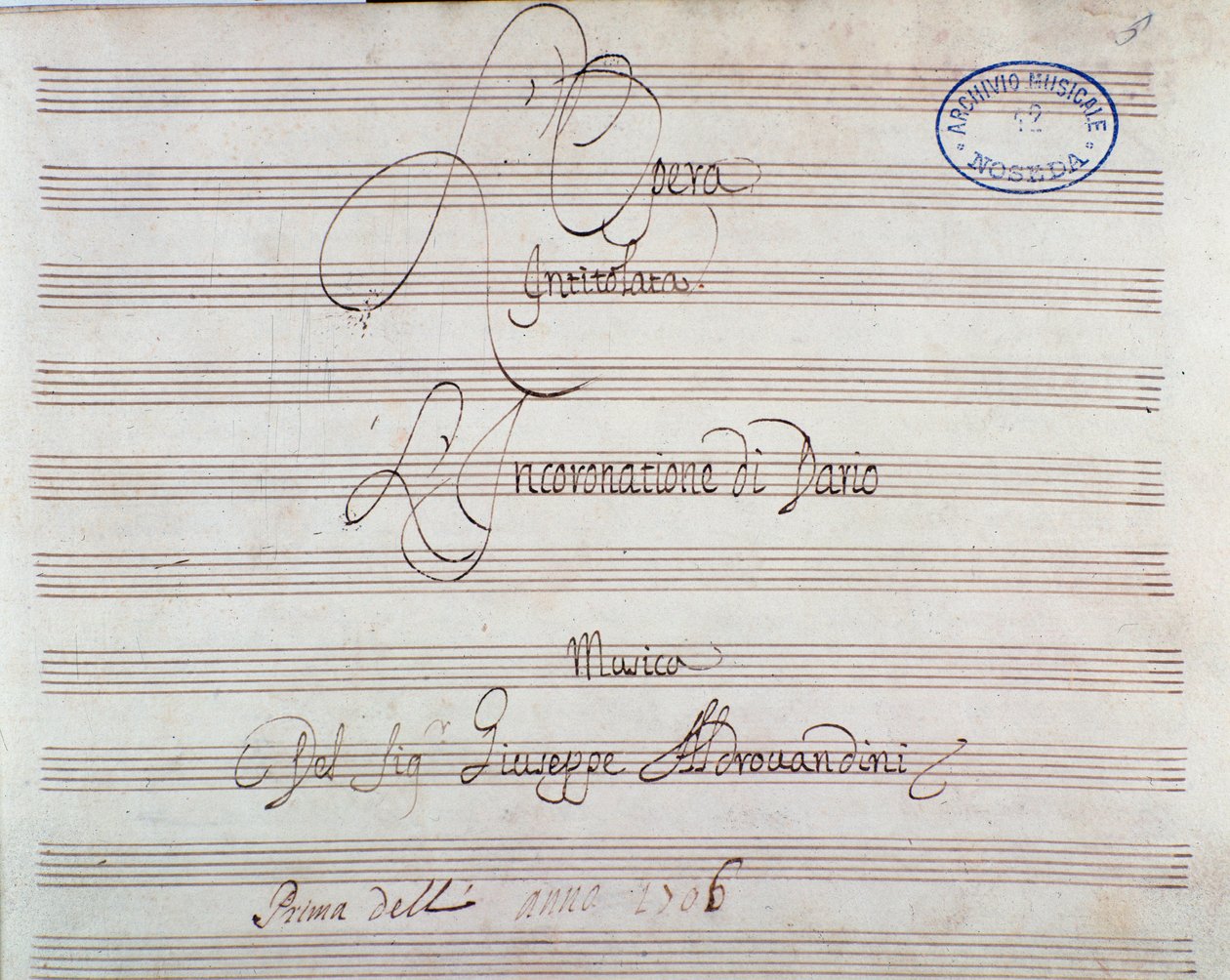 Página de partitura para La coronación de Darío de Giuseppe Aldrovandini (1703) de Unknown artist