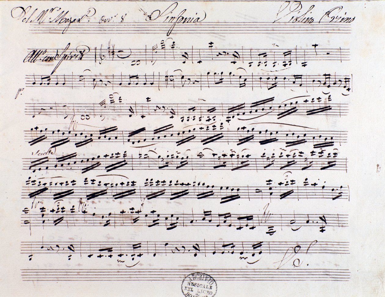 Página de la partitura para el primer violín en la Sinfonía n. 7, de Mozart de Unknown artist
