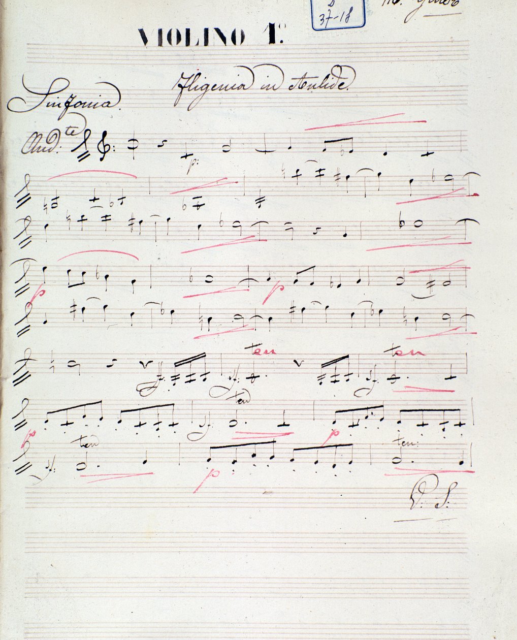 Página de partitura para el primer violín de Ifigenia en Áulide, ópera de C. W. Gluck, c.1774 de Unknown artist