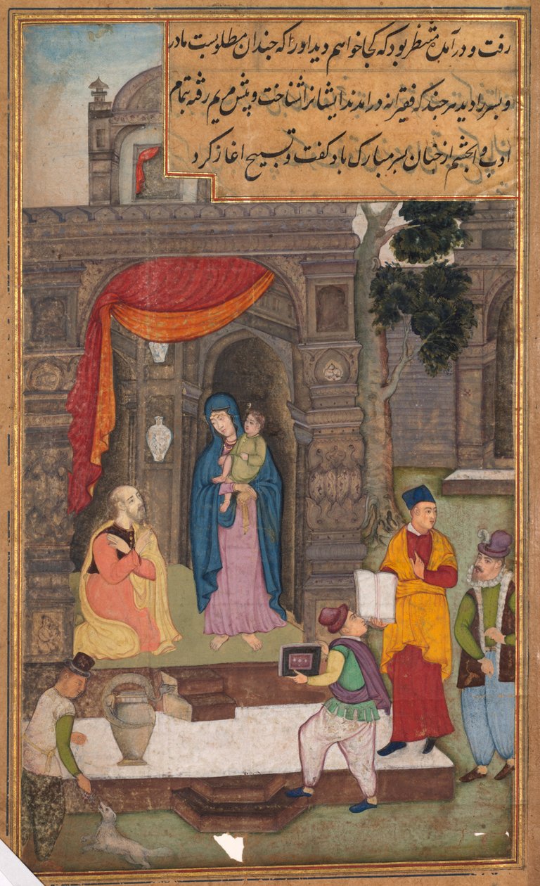 Simeón se arrodilla frente a María y Jesús después de reconocerlos, de un espejo de santidad (Mir’at al-quds) del padre Jerome Xavier de Unknown artist