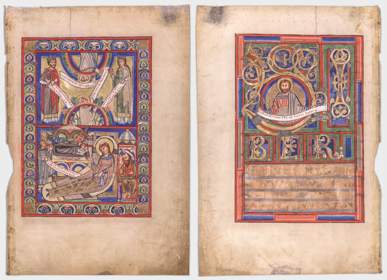 Hoja única extraída de un libro de evangelios: La Natividad (recto) y San Mateo (verso) de Unknown artist