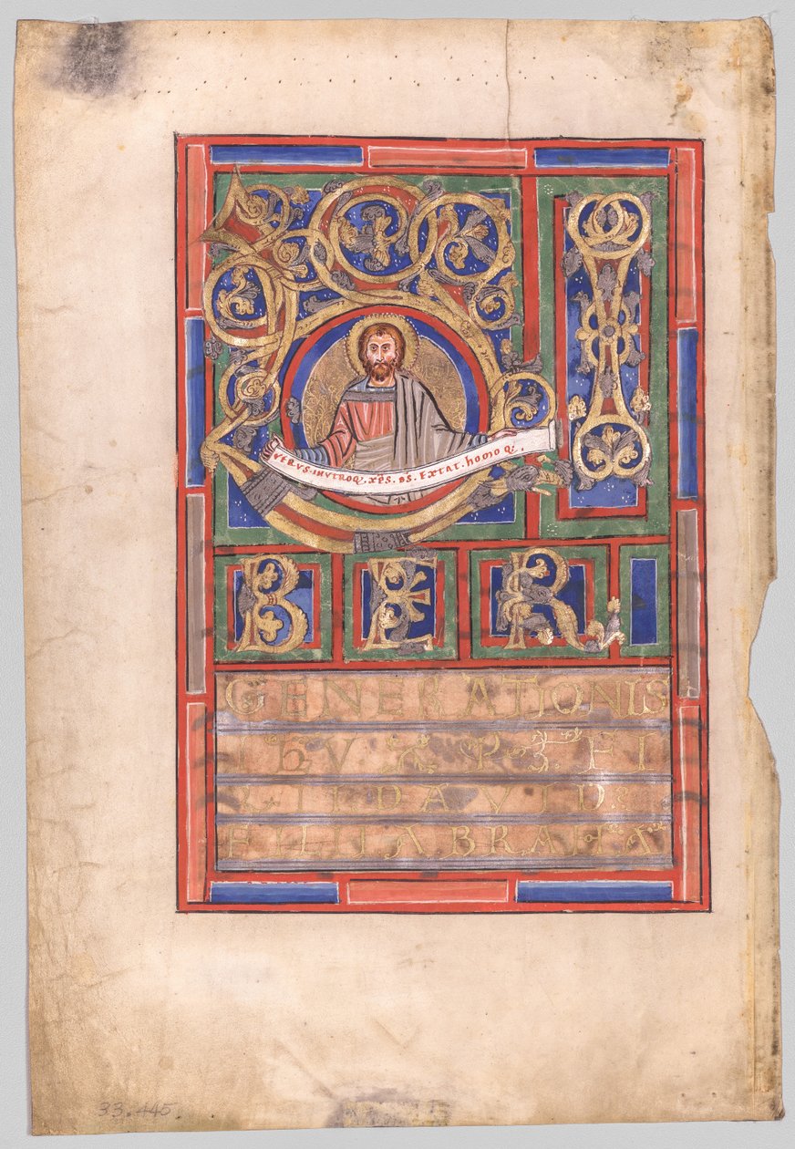 Hoja única extraída de un libro de evangelios con inicial L[iber generationis]: San Mateo (verso) de Unknown artist