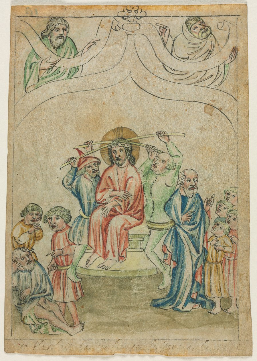 Hoja Suelta de una Biblia Pauperum: Cristo Coronado de Espinas (recto) de Unknown artist