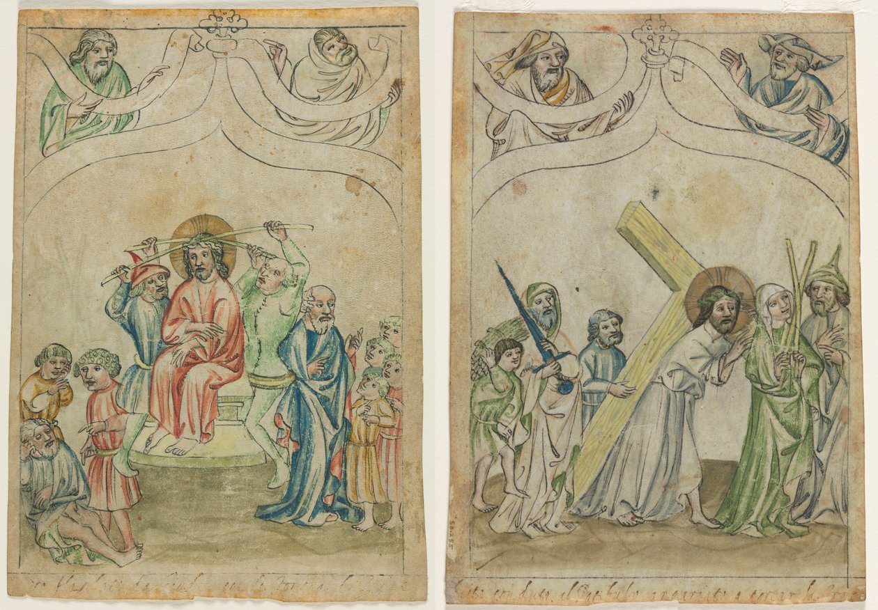 Hoja Suelta de una "Biblia Pauperum": Cristo Coronado de Espinas (recto) Cristo Cargando la Cruz (verso) de Unknown artist