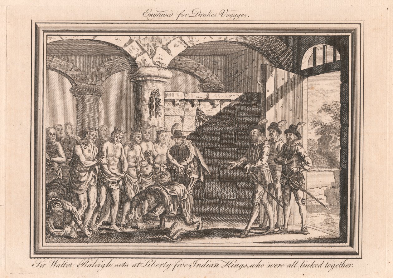 Sir Walter Raleigh pone en libertad a cinco reyes indios, que estaban vinculados entre sí de Unknown artist
