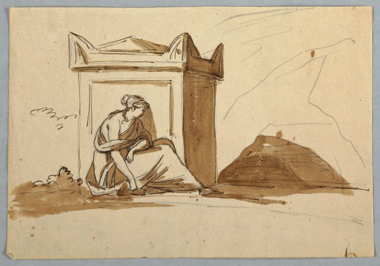 Boceto: Una mujer sentada frente a un sarcófago antiguo de Unknown artist