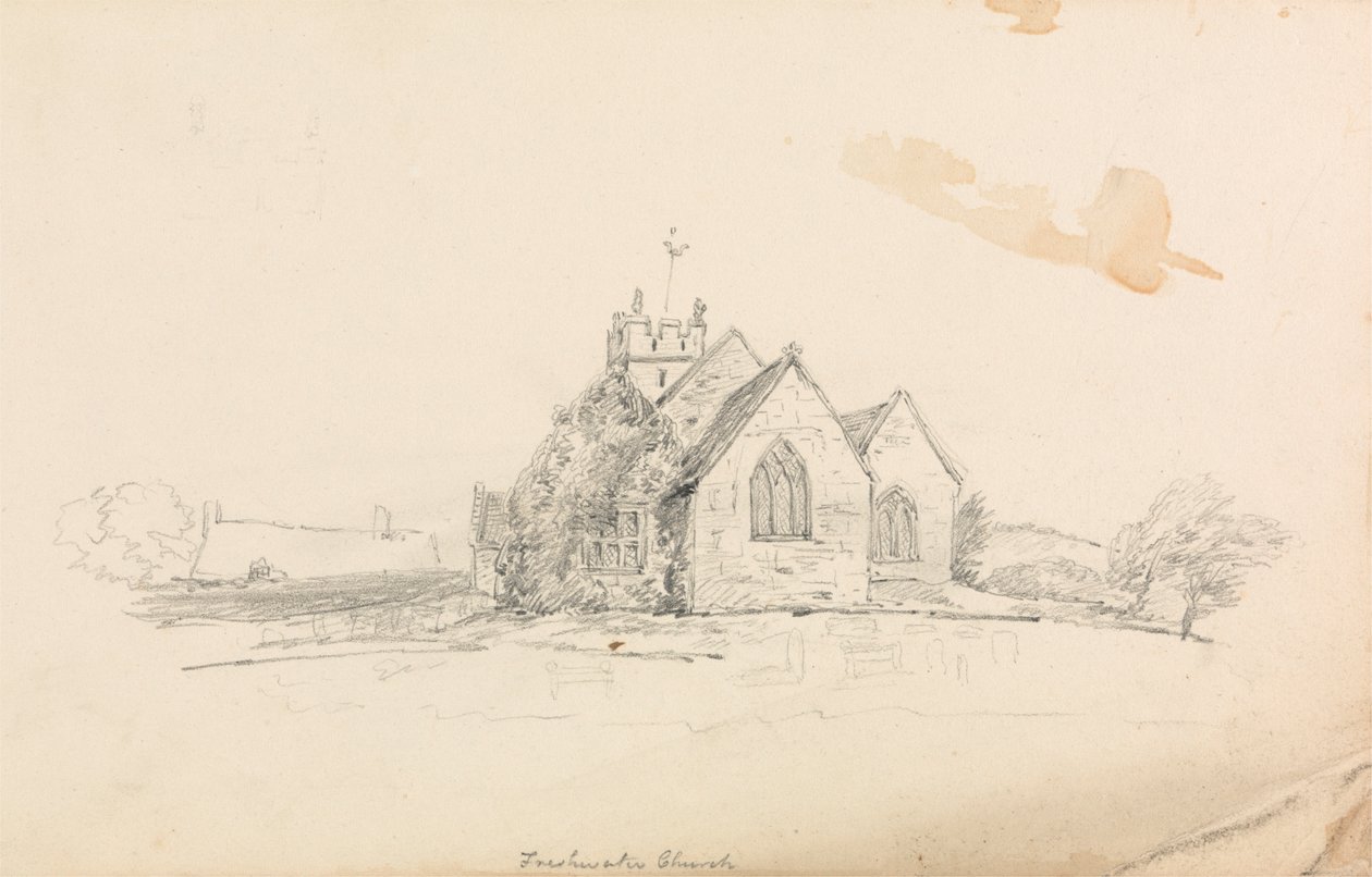Boceto de una pequeña iglesia rural; boceto de un barco de Unknown artist