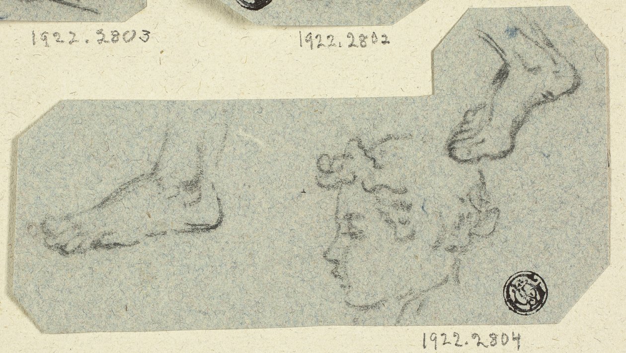 Bocetos de cabeza de niño de perfil, pies de Unknown artist
