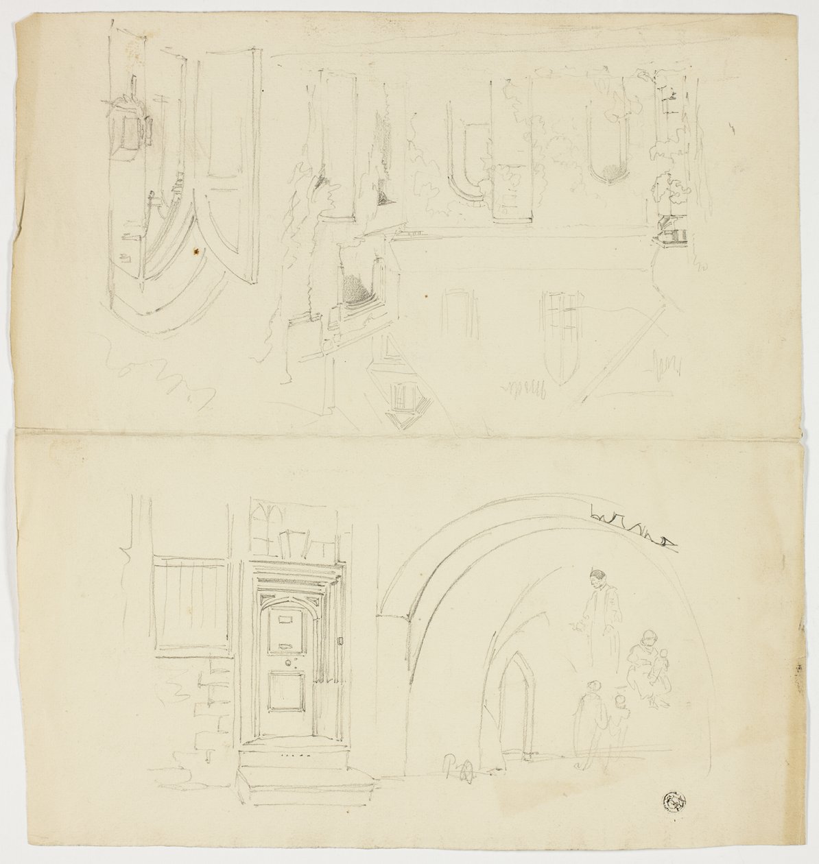 Bocetos de puerta, figuras, edificio con entrada lateral a la iglesia (anverso); boceto de aguja (reverso) de Unknown artist