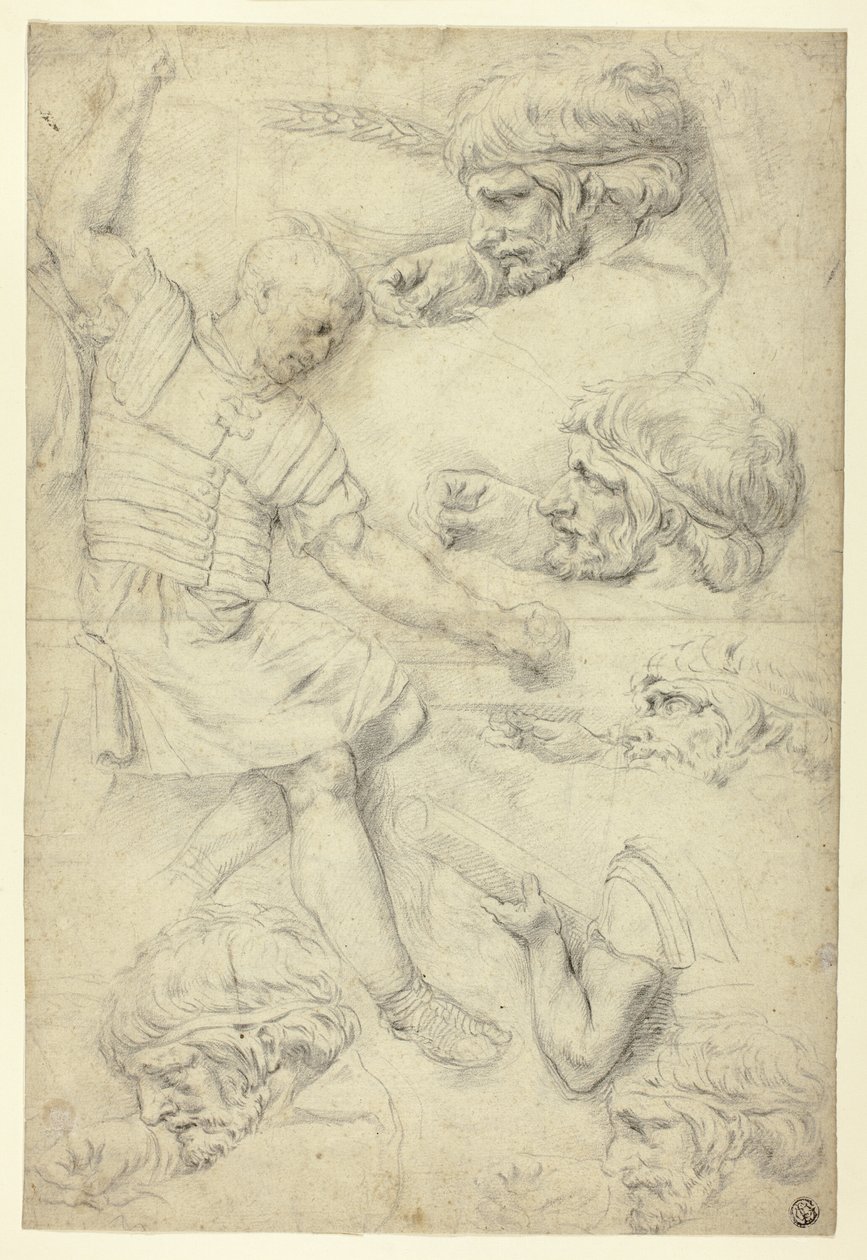 Bocetos de Soldado, Cabezas, de Relieve Romano (recto); Bocetos de Desnudos Masculinos, de Relieve Romano (verso) de Unknown artist