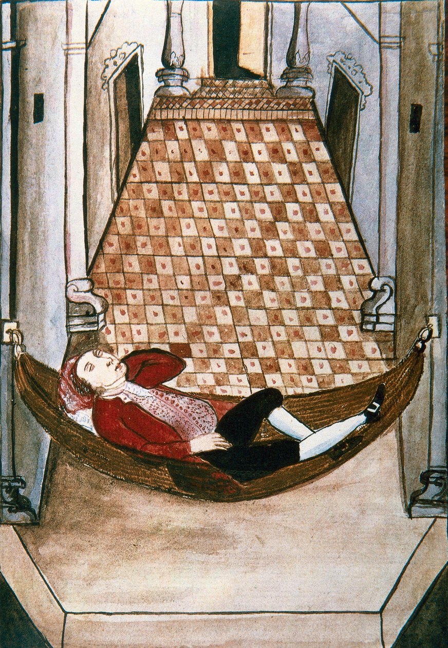 Español dormido en una hamaca de un palacio rico, del libro "Trujillo del Perú" o "Códice Martínez Compañón", por Baltazar Martínez Compañón y Bujanda, obispo de Trujillo (1782-1785) de Unknown artist