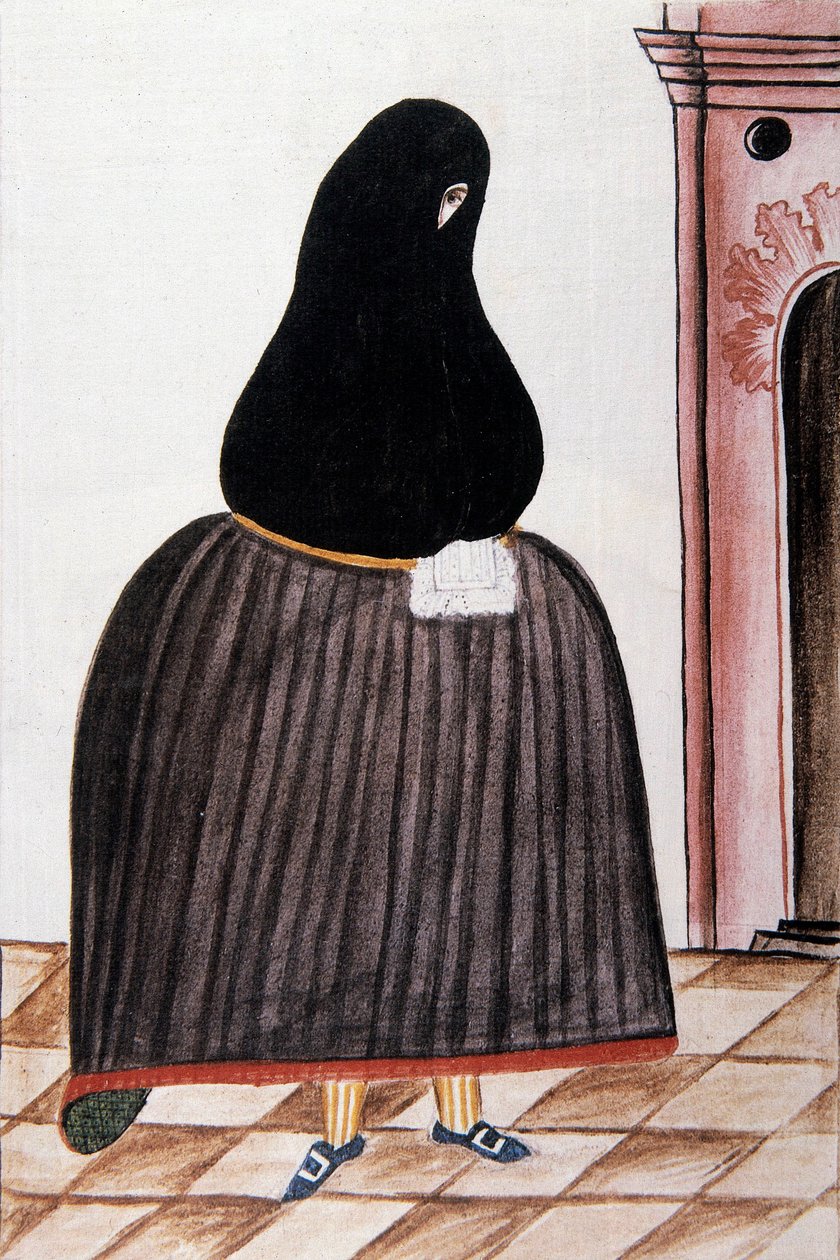 Mujer española con un manto cubriendo su rostro, de "Trujillo del Perú" o "Códice Martínez Compañón", por Baltazar Martínez Compañón y Bujanda, obispo de Trujillo (1782-1785) de Unknown artist