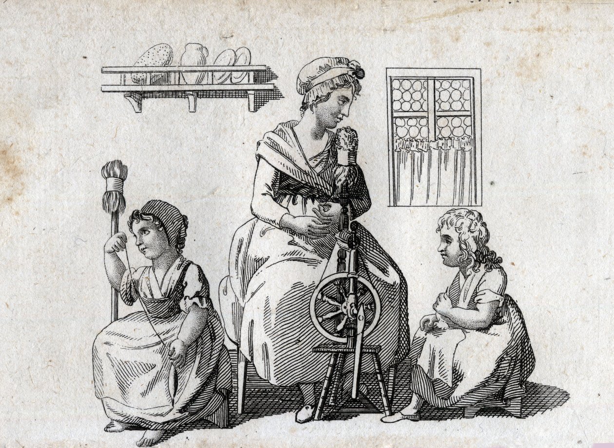 Hilado: madre e hijas hilando lana. La mujer usa una rueca y su hija usa un cardo. Grabado de finales del siglo XVIII. Colección privada. de Unknown artist