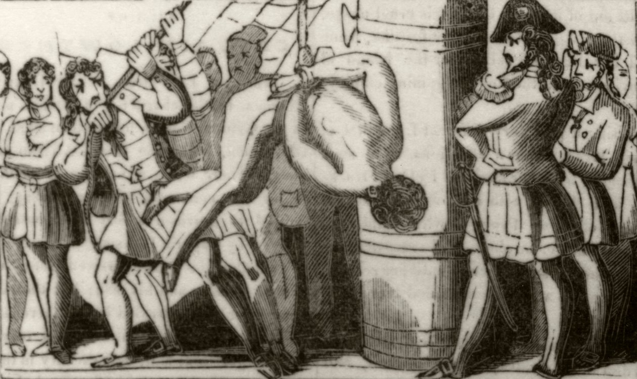 Spriggs izando a la tripulación de una goleta de Boston hasta el tope de proa y luego dejándolos caer en la cubierta, c.1836 de Unknown artist