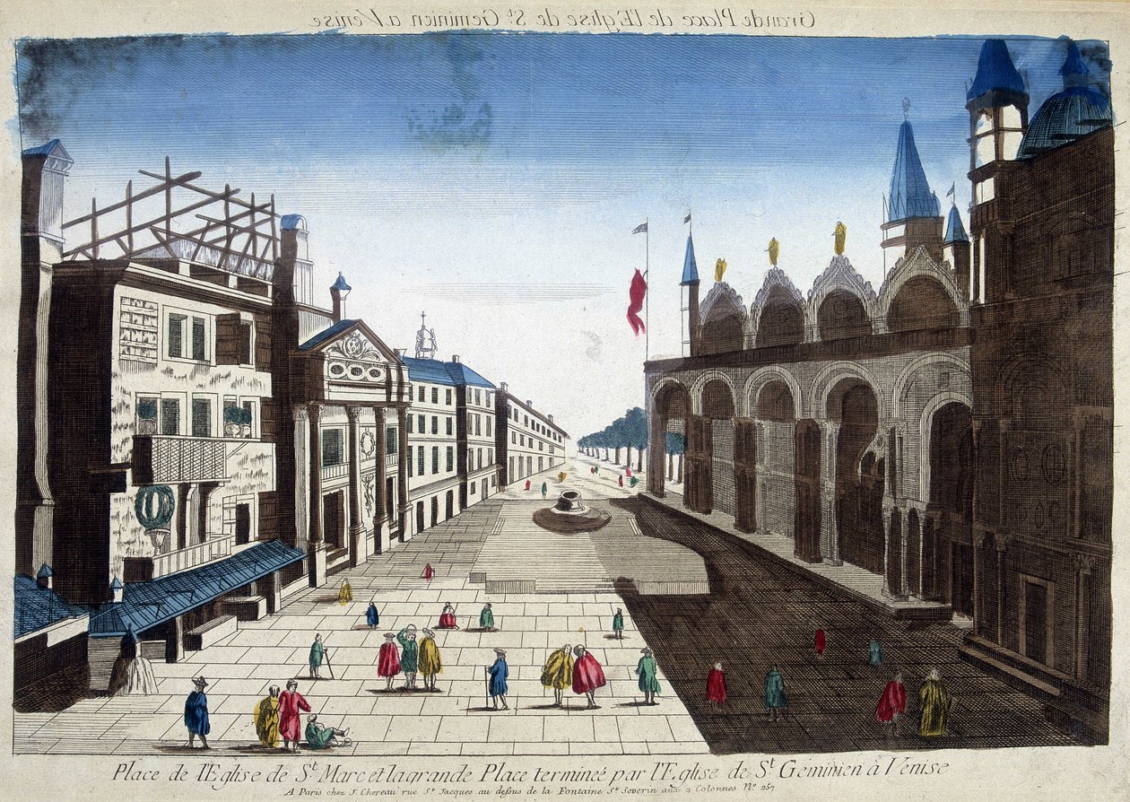 Plaza de la Iglesia de San Marcos y la Gran Plaza terminada por la Iglesia de San Geminiano en Venecia. Grabado del siglo XVIII. de Unknown artist