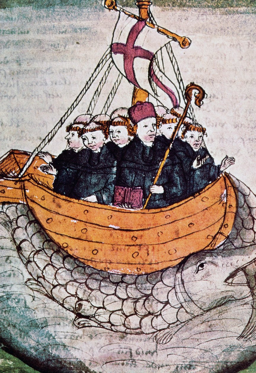 San Brendan sobre una ballena, miniatura de Manuscriptum translationis Germanicae de Unknown artist