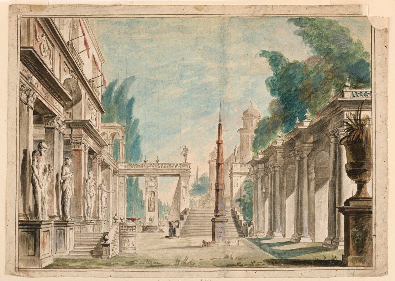 Diseño de escenario, edificio adyacente al paisaje del parque de Unknown artist