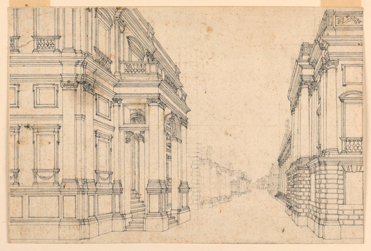 Diseño de escenario: calle de la ciudad con palacios de Unknown artist