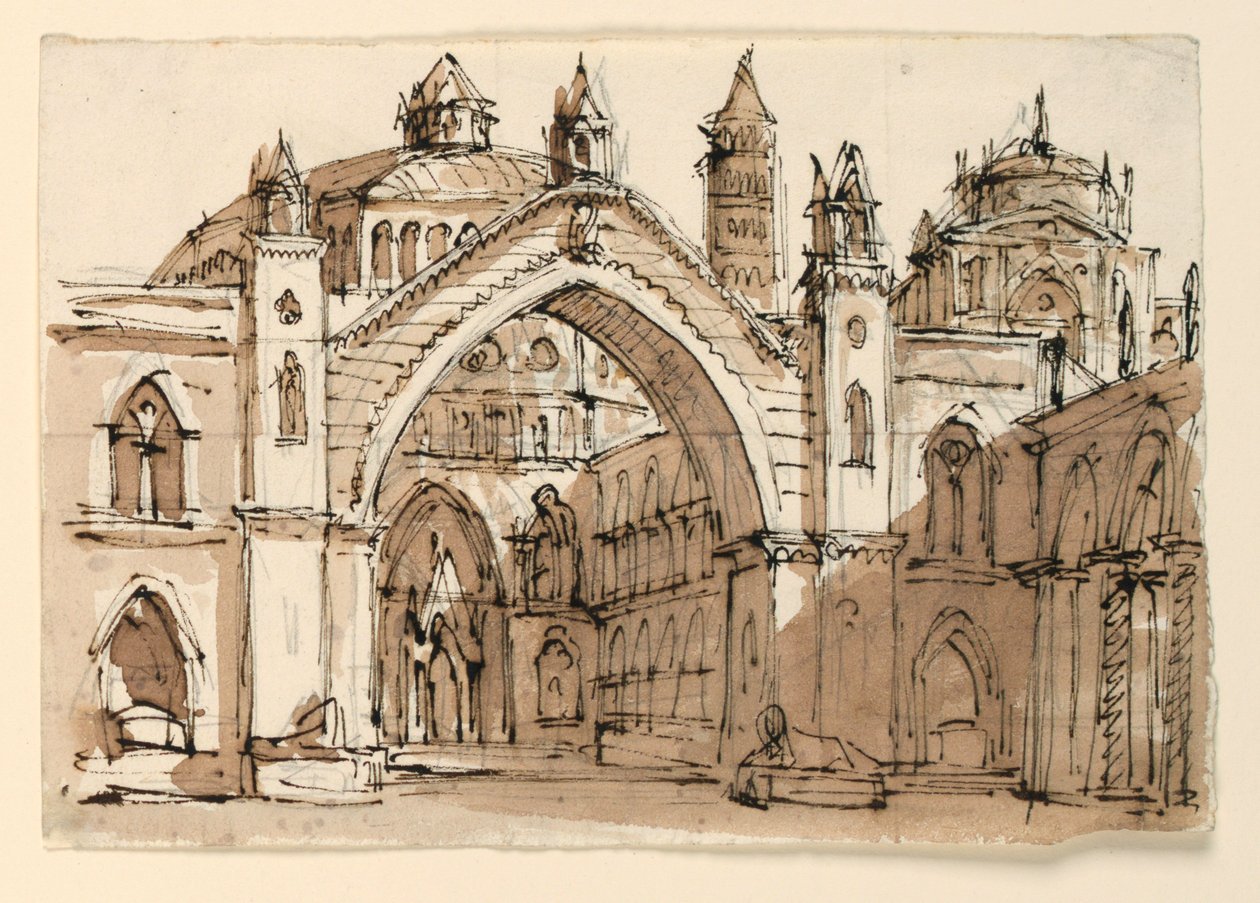 Diseño de escenario, exterior de iglesia gótica de Unknown artist
