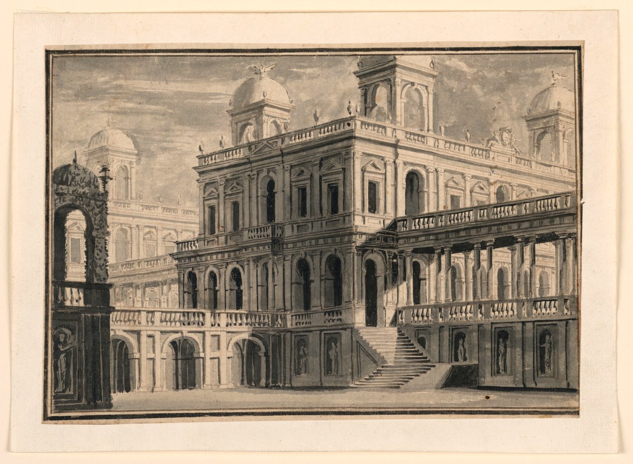 Diseño de escenario, palacio y pórticos desde afuera de Unknown artist