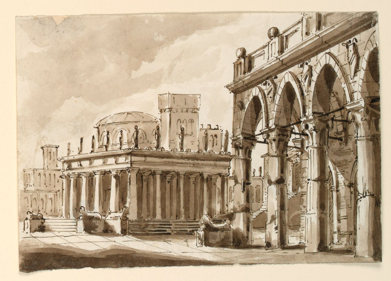 Diseño de escenario, plaza con edificio público de Unknown artist