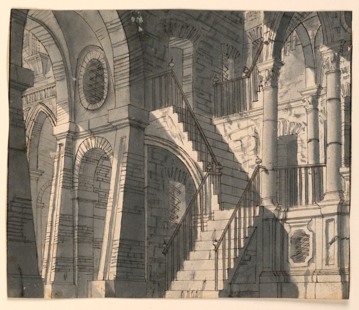 Diseño de escenario, interior de piedra con escalera de Unknown artist
