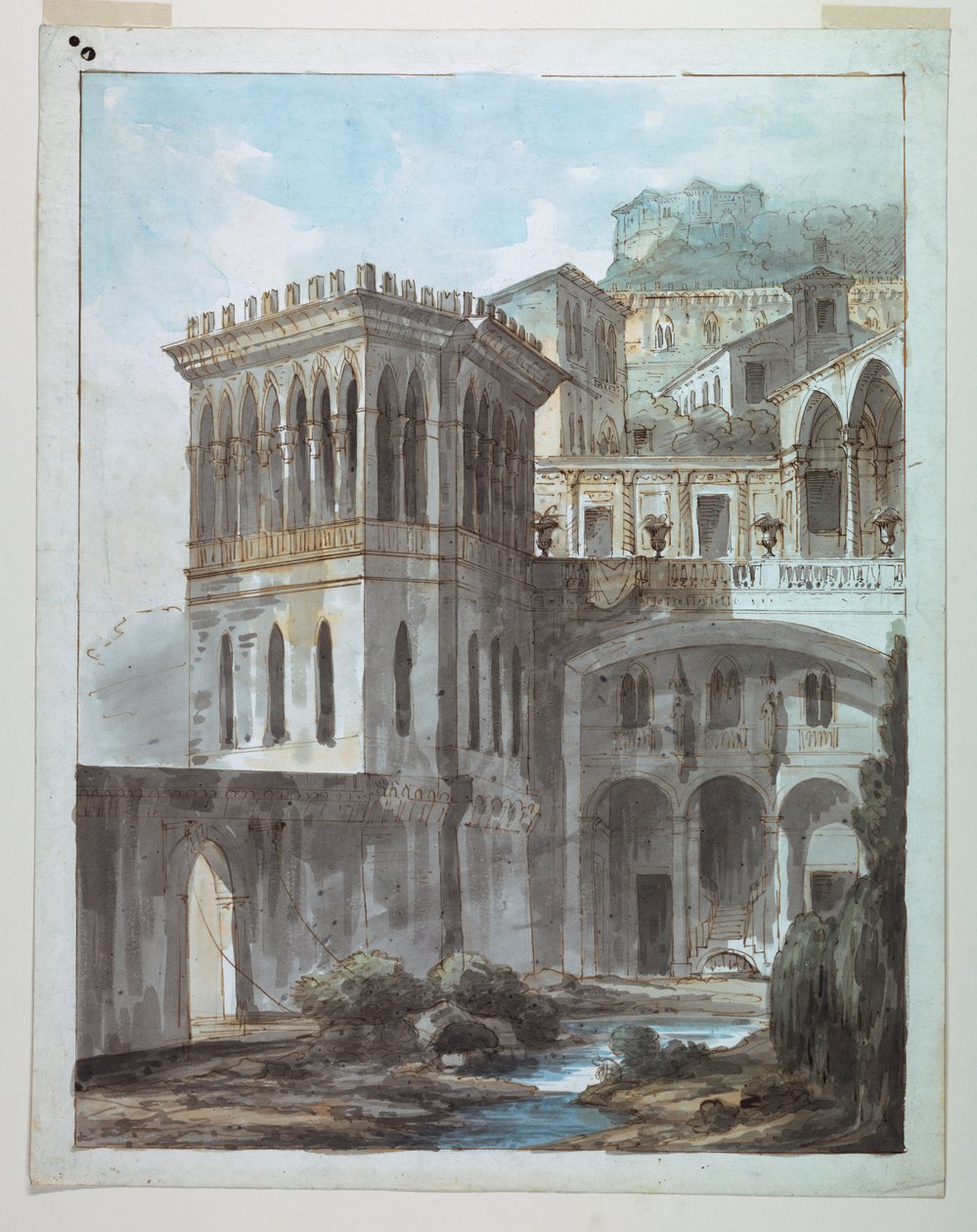 Diseño escénico, vista de la ciudad en la ladera de Unknown artist