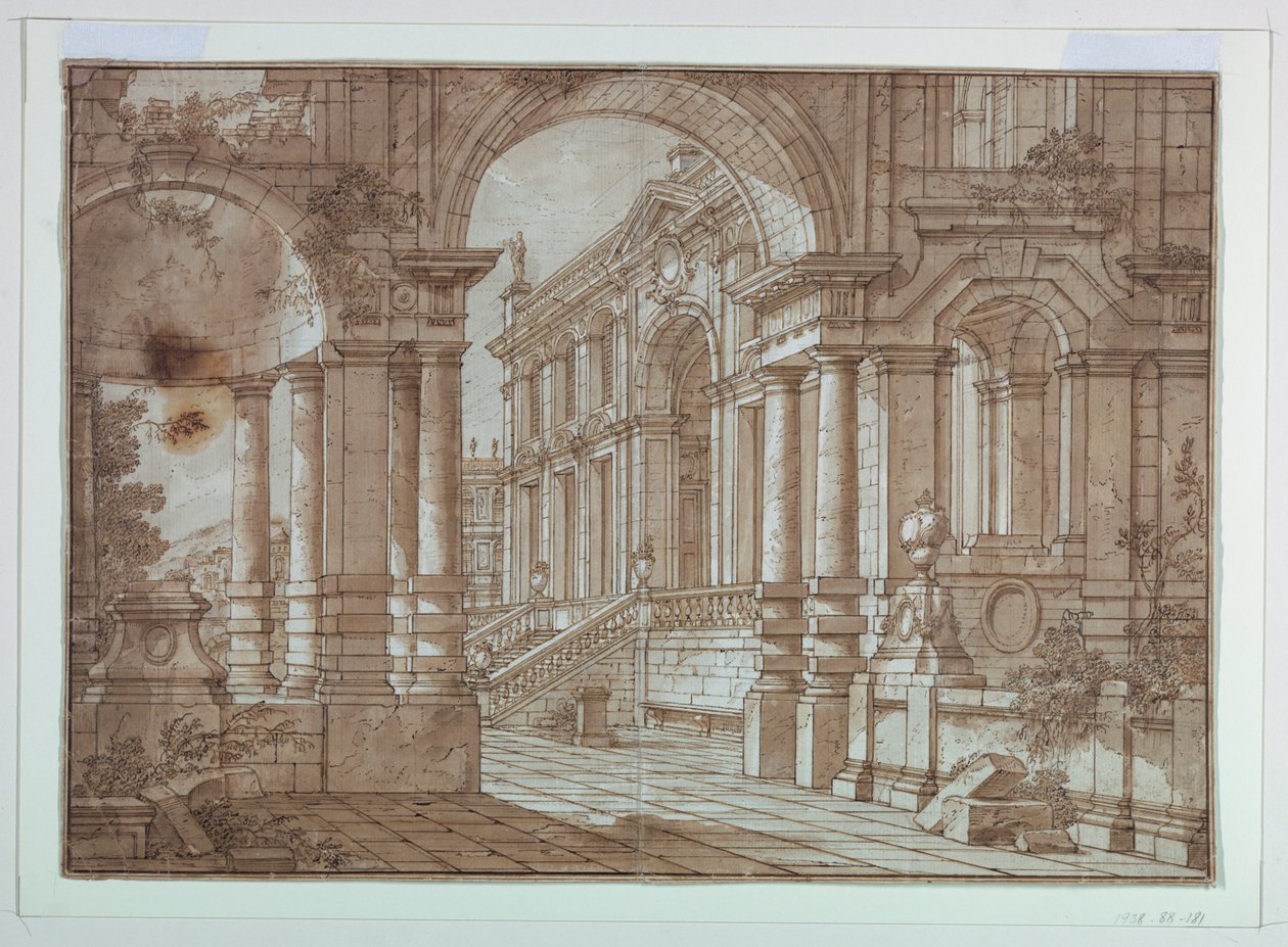 Diseño de escenario, vista de un palacio desde una terraza de Unknown artist