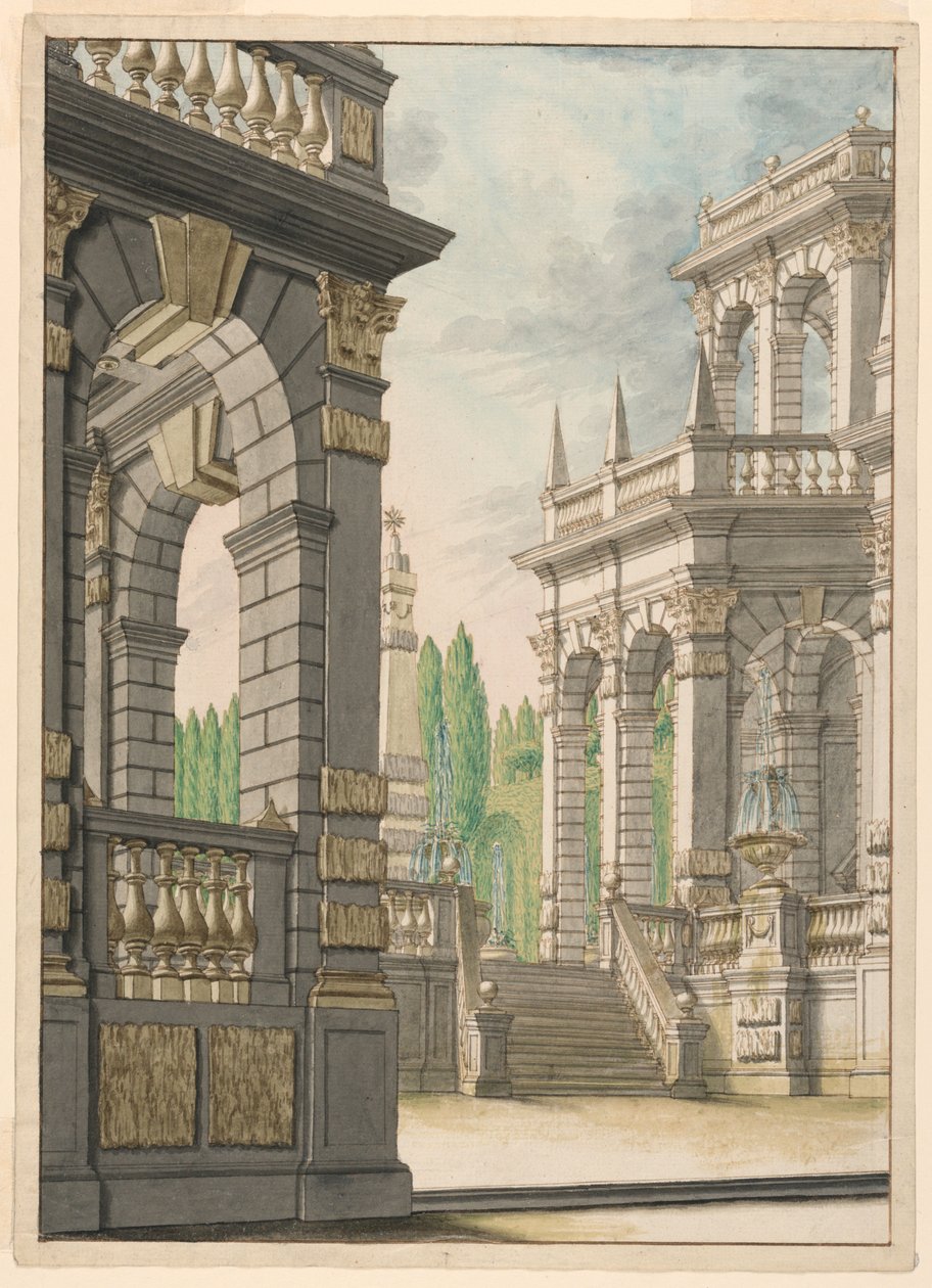 Diseño de escenario: Villa con obelisco y armas de Albani de Unknown artist