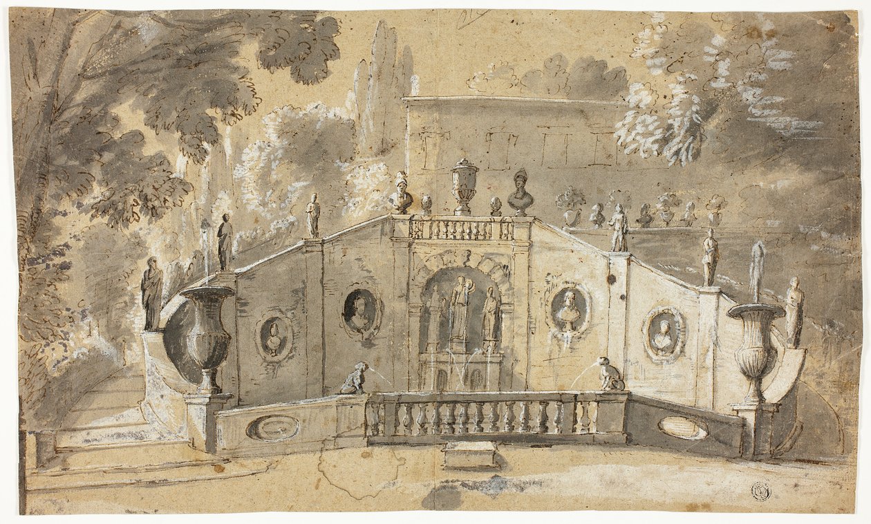 Escalera y Fuente (recto); Desnudo Masculino Sentado de Perfil a la Izquierda, Mirando Hacia Arriba (verso) de Unknown artist