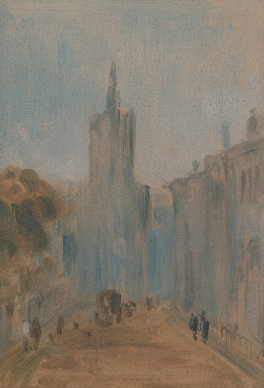 Calle con iglesia y figuras de Unknown artist