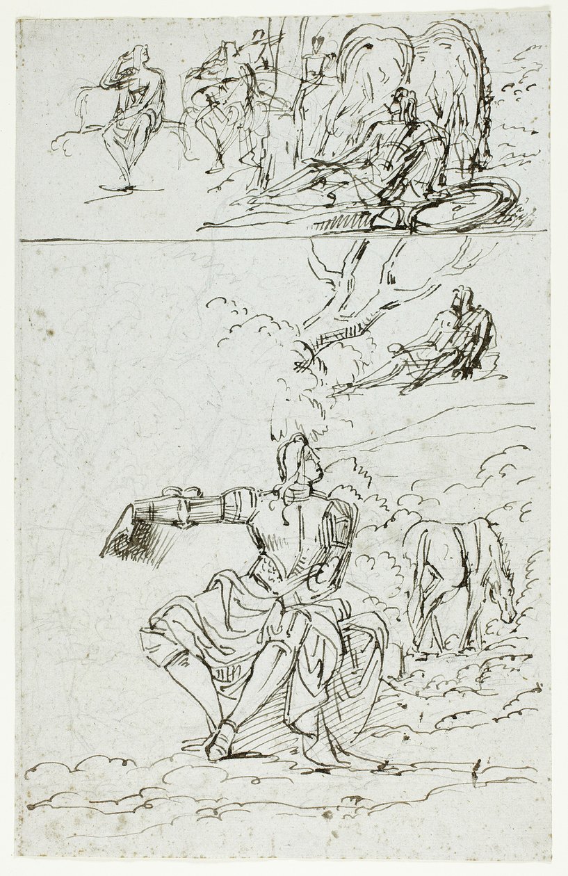 Hoja de estudio con caballero sentado (anverso); figura masculina de pie con vestimenta medieval (reverso) de Unknown artist
