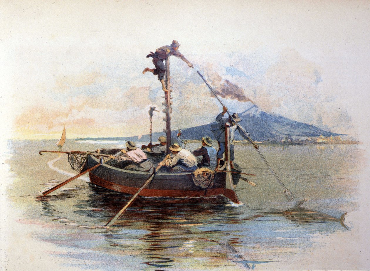 Pesca de pez espada con arpón en el Estrecho de Mesina en Sicilia. Acuarela de 1898 de Unknown artist