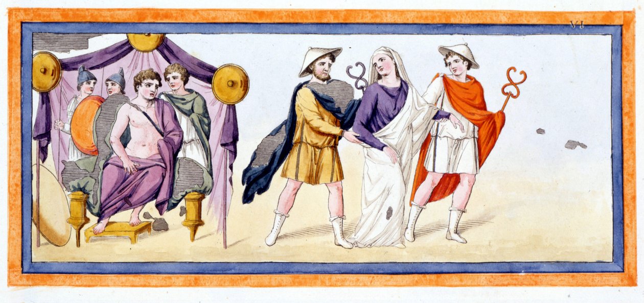 Taltibio y Euríbates llevan a la virgen Briseida ante Aquiles, que está en la tienda de los Mirmidones. Ilíada Canto I, v 345. Grabado de finales del siglo XVIII. de Unknown artist