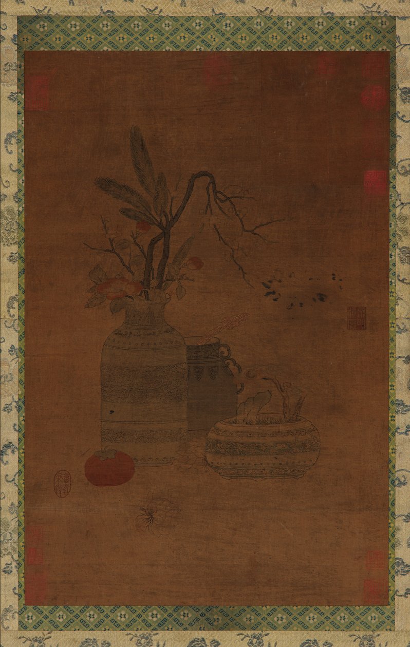 Tapiz: un cuenco, dos jarras, flores y frutas de Unknown artist