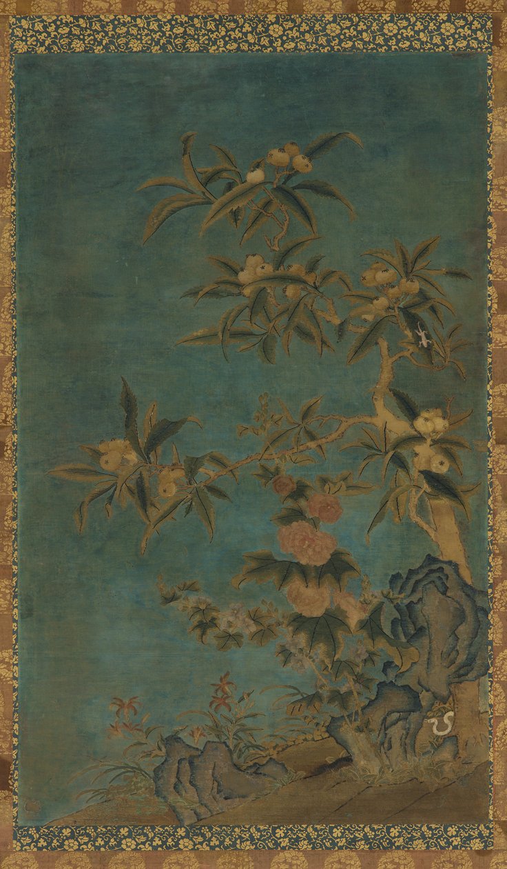 Tapiz: árboles frutales y malvarrosas de Unknown artist
