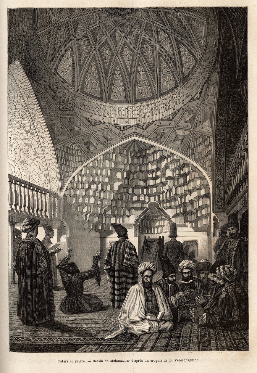 Tártaros en oración, en la Mezquita de Schusha (Transcaucasia, Rusia). Grabado para ilustrar el viaje en las provincias del Cáucaso, por Basile Vereschaguine, en 1864-1865, publicado en 