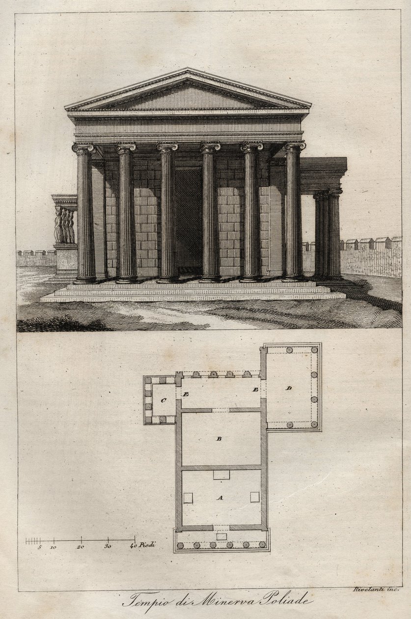 Templo de Atenea Polias - Acrópolis de Atenas - (Antiguo Templo de Atenea) - grabado de 