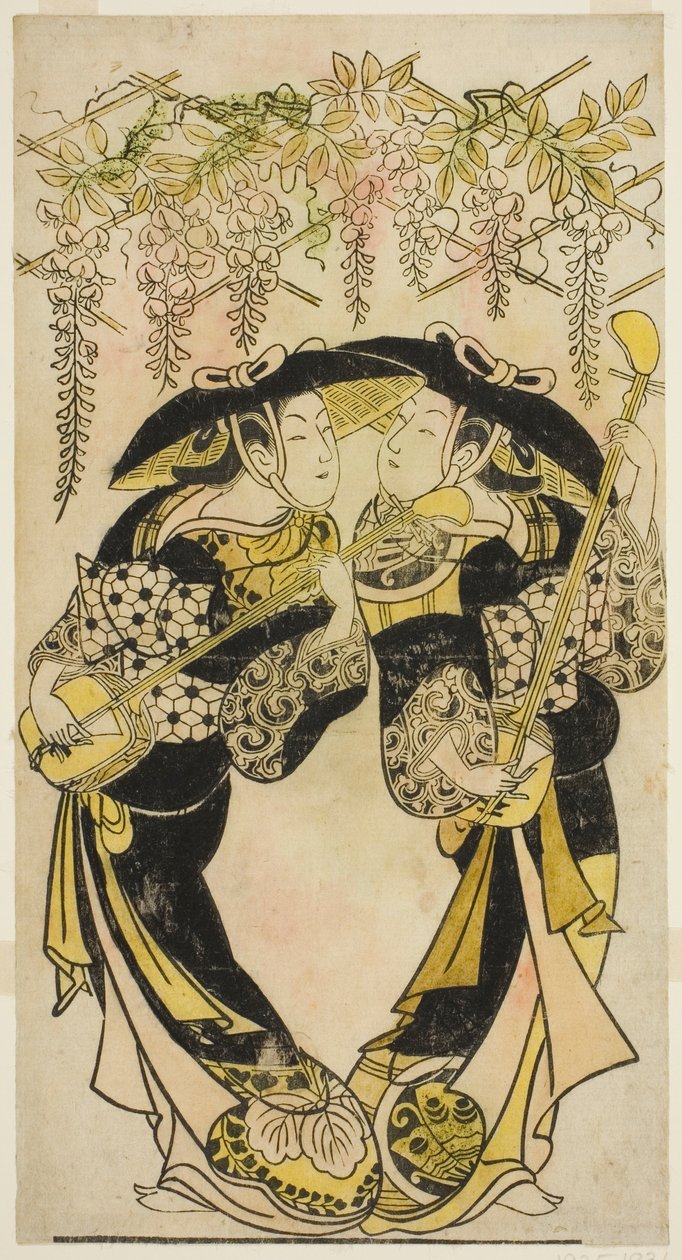 Los actores Sanjo Kantaro (derecha) y Fujimura Handayu (izquierda) como músicos tocando bajo glicinas de Unknown artist