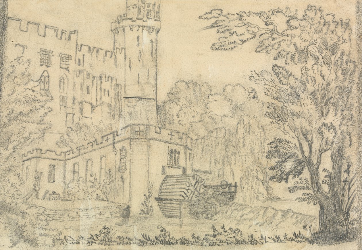 La parte trasera de un gran castillo con una noria en primer plano de Unknown artist