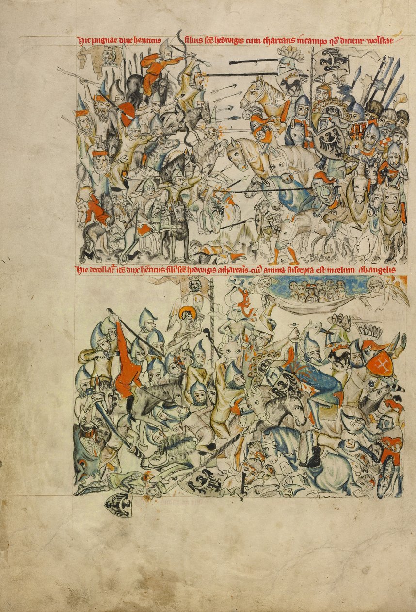 La batalla de Liegnitz; la decapitación de Heinrich y su alma llevada por los ángeles al cielo de Unknown artist