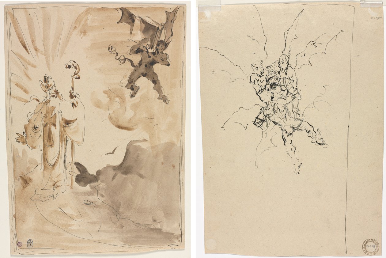 El obispo y el demonio (recto); Tres demonios sosteniendo a un caballero (verso) de Unknown artist