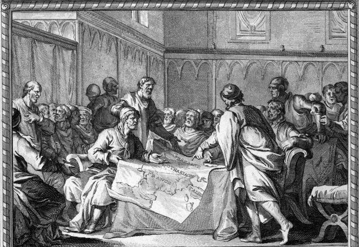 El Imperio Carolingio fue dividido entre los tres hijos de Luis el Piadoso: Lotario I, Luis el Germánico y Carlos el Calvo, según el Tratado de Verdún (843). Grabado del siglo XVIII. de Unknown artist